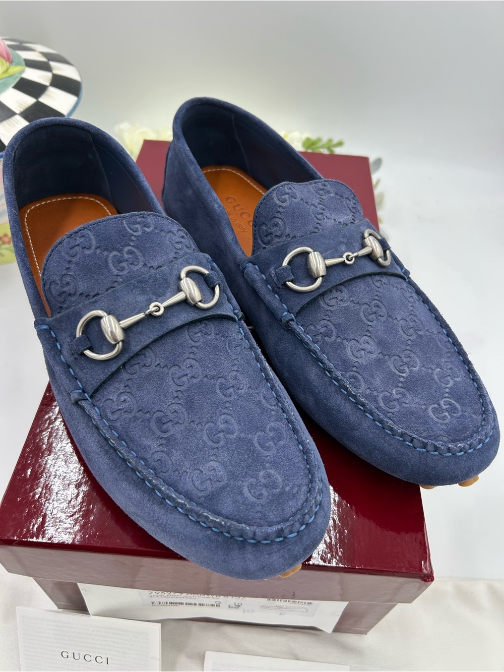 Men's Gucci GG embossed suede driver loafers size 10 fits 11 US made in Italy - Picture 2 of 13